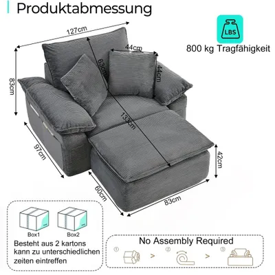 Immagine prodotto di Divano Cloud - Modulare, divano letto a 1 posto - Funzione letto - Rivestimento in tessuto morbido - Poggiapiedi - Tasche portaoggetti - Grigio