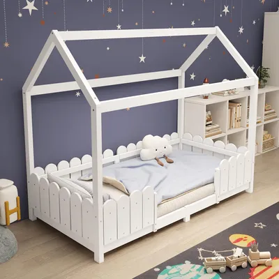 Immagine prodotto di Letto a castello 90x200 cm con protezioni laterali e rete a doghe, bianco, realizzato in legno di pino e MDF, ideale per la camera da letto