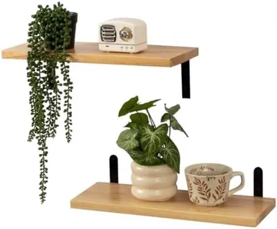 Produktbild von PromoHome® Eichenholz Wandbretter Set – Schwarze Halterungen – 42 cm