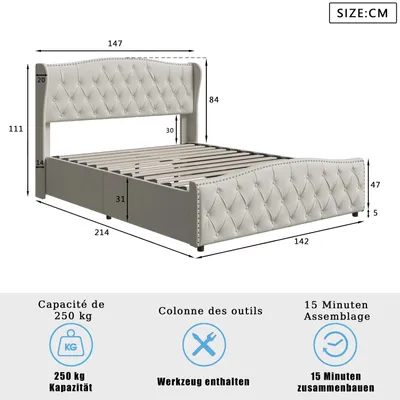Produktbild von Polsterbett - Doppelbett mit hydraulischem Bettkasten - 140x200 cm - Samtbezug - Holzgestell - Ohne Matratze - Beige