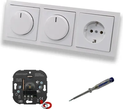 Produktbild von EBROM 1001 (2 x) LED Drehdimmer Dimmer + Busch Jäger Dimmerscheibe 6540-84-102 und Steckdose 20EUC-84 in Future Linear Studioweiß glänzend inklusive EBROM Phasenprüfer zur Montage der Geräte