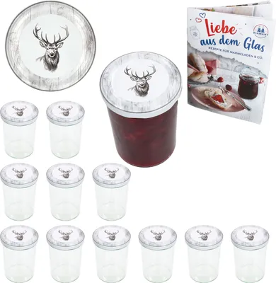 A collection of glass jars with lids, a recipe book, and a decorative plate, all featuring a stag motif.