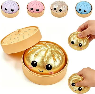 Produktbild von Dumpling Squishy, Glitter Dumpling mit Dampfgarer, Stressabbau Spielzeug für Schüler & Erwachsene, Geburtstagsfeier（1 Stück, Gold）