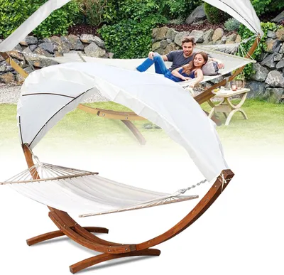 Produktbild von Fiqops Hängematte Wetterfestem Hängematten Stabhängematte Outdoor Holz mit Gestell XXL Garten Hängemattengestell 2 Personen 410cm Gartenliege Liege