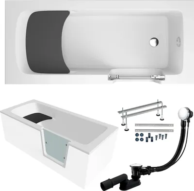 A collage of images showing a bathtub, its components, and installation hardware.