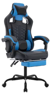 Zdjęcie produktu dla Ergonomiczny fotel gamingowy z podnóżkiem i regulowanym oparciem, idealny do pracy przy biurku i w domu, w kolorze niebieskim