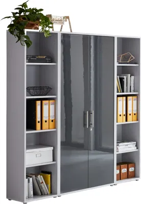 Produktbild von Aktenschrank TABOR 3 in lichtgrau / anthrazit Hochglanz, Schrankwand, Büroschrank, abschließbar, Metallgriffe