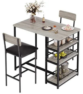 Immagine prodotto di Set da pranzo salvaspazio per cucine piccole: tavolo da bar con sedie imbottite, 3 ripiani portaoggetti, materiali: legno e metallo, colore: grigio