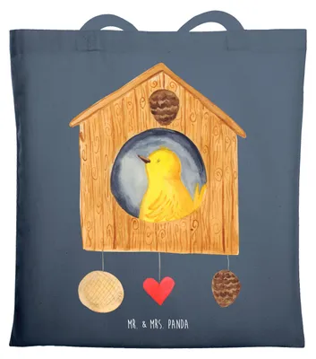 Produktbild von Mr. & Mrs. Panda Jutebeutel Vogelhaus Home - Indigo Blue - Geschenk, Schultasche, Einkaufstasche, Tasche, Lustige Sprüche, Vogel, Haus, Umzug, Einzugsgeschenk, Tote Bag