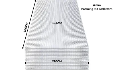 A stack of corrugated polycarbonate sheets, with dimensions and area indicated.