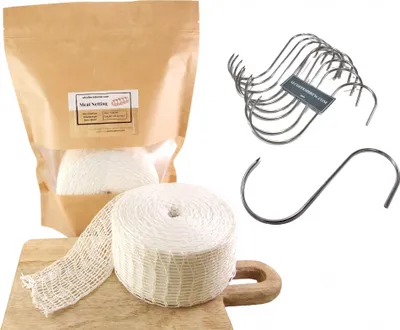 Produktbild von Fleischnetz 150mm / 50m + Fleischhaken x 10 - Schinkennetz, Räuchernetz, Fleischhaken
