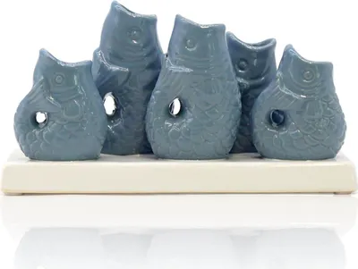 Produktbild von 5 Väschen "Fische" auf Tablett aus Keramik blau