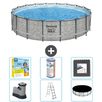 Produktbild von Bestway Round Steel Pro MAX Schwimmbad – Steindruck – 549 x 122 – inklusive Pumpe – Leiter – Abdeckung Wartungspaket - Filter - Bodenfliesen