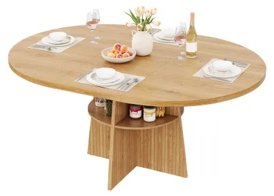 Zdjęcie produktu dla Rozkładany stół jadalny - stół kuchenny - 110–150 x 110 x 77,5 cm - dla 2–8 osób - rozkładany blat - wbudowana półka - drewno i MDF - naturalne wykończenie