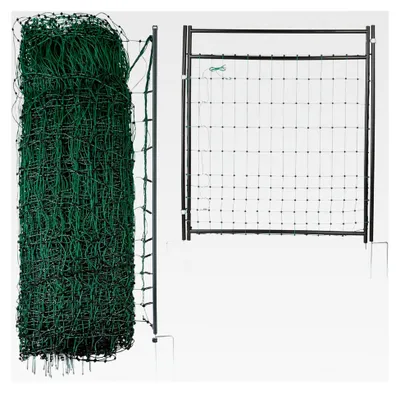 Produktbild von Geflügelnetz PREMIUM mit Tür 50m x 106cm | Innovative Pfähle mit Doppelspitze | Stabiler Hühnerzaun mit Weidetor