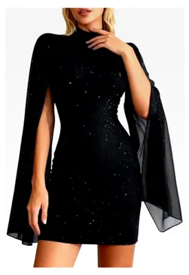 Produktbild von Paillettenkleid Damen Mesh Bodycon Glitzerkleid Langarm Party Herbstkleid Elegant Cape Cocktailkleid Knielang Ballkleider Glänzend Rollkragen Abendkleid Midikleid