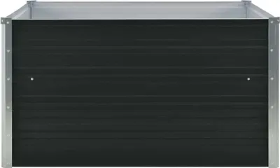 A front view of a black and galvanized steel raised garden bed.