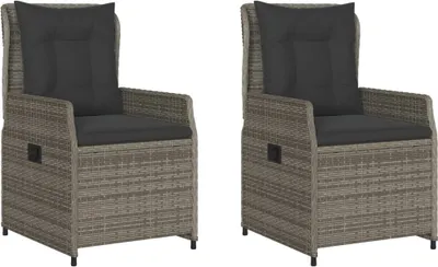 Two identical gray poly rattan garden chairs with dark gray cushions are shown against a white background.