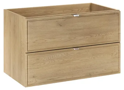 Produktbild von Badezimmer Waschbeckenschrank mit 80 cm Breite in Eiche, 2 Schubladen mit Rahmenfräsung, wandhängend - TEMUCO-56-CREMONA