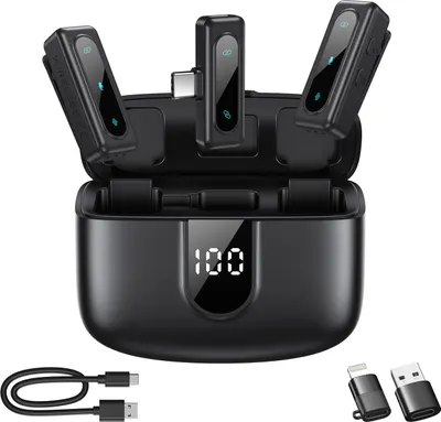Produktbild von Kabelloses Lavalier-Mikrofon für iPhone, Android & Laptops, Geräuschunterdrückung, Auto-Pairing, 24H Akkulaufzeit mit Ladekoffer, USB C Mini Mikrofon