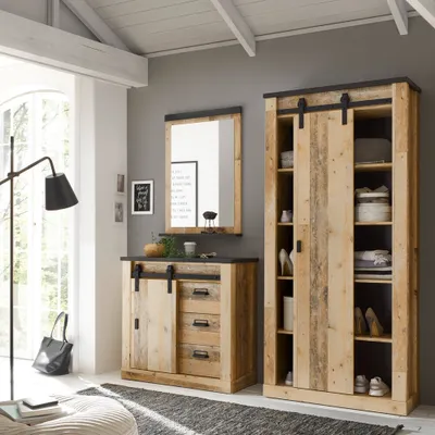 Produktbild von Garderobenschrank Set inkl. Spiegel SHELTON-61 in Old Style hell Nb. mit anthrazit, B/H/T: ca. 206/201/43 cm
