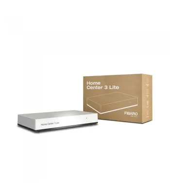 A white Fibaro Home Center 3 Lite device is shown next to its brown packaging on a white background.