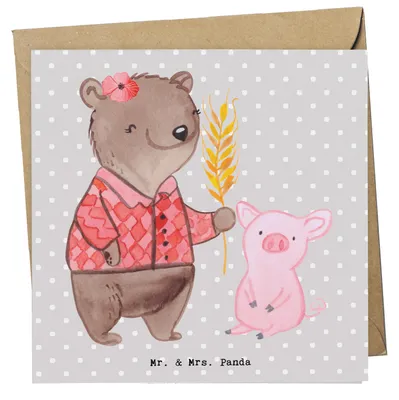 Produktbild von Mr. & Mrs. Panda Grußkarte Bäuerin Herz - Grau Pastell - Geschenk, Glückwunschkarte, anlasskarte, Bauernhof, faltkarte, Landwirtin, doppelkarte, Klappkarte, Schweine