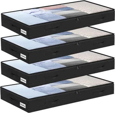 Productafbeelding van Opbergdoos voor onder het bed - Set van 4 - Onderbedcommode en helder deksel - 10 cm hoog - Zonder vaste structuur