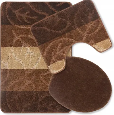 Produktbild von Badteppich Set 3-TLG. Braun/Beige Leaves - rutschfest & Weich, Badematte für Badezimmer Teppich 50x80 cm & 50x40 cm - Ideal für Fußbodenheizung