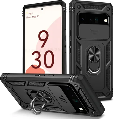 Produktbild von Google Pixel 6 Pro Hülle, Schiebe Kamera Schutz Robust Stoßfest Schutzhülle mit Ringhalterung Ständer Kartenhalter für Google Pixel 6 Pro Schwarz