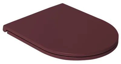 A maroon red toilet seat is shown from a slightly elevated side angle against a white background.