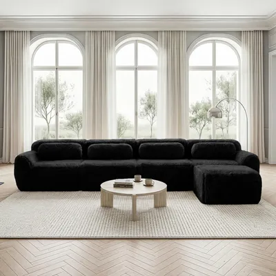 Produktbild von MODFU 4-Sitzer Ecksofa,Modulares Sofa mit Geschwungene und 1 Ottoman,L-förmiges Relaxsofa mit Rutschfester Boden & Kissen,Plüschstoff,Schwarz