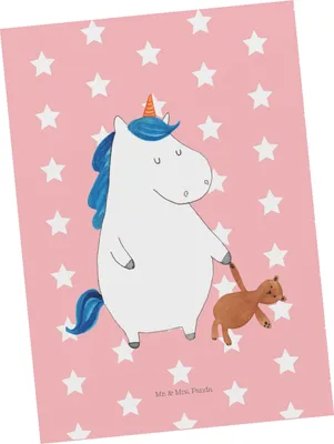 Produktbild von Mr. & Mrs. Panda Postkarte Einhorn Teddy - Rot Pastell - Geschenk, einzelkarte, Grußkarte, Postkarten, Gute Nacht, schlafen, Bett, bildkarte, Freundin, Einhörner, Unicorn