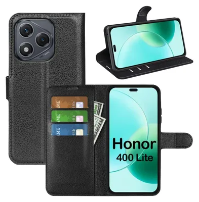 A collage of images showing a black leather wallet-style phone case for a Honor 400 Lite phone, with cards and cash inserted, and a phone displayed in the case.