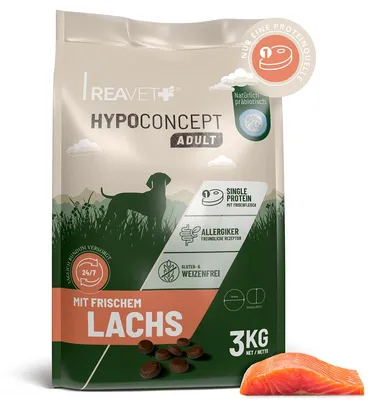 Produktbild von REAVET HYPOCONCEPT Hundetrockenfutter Lachs 3kg – Single-Protein mit Frischfleisch | Weizenfrei & ohne Zucker | Trockenfutter Adult für alle Hunde & Rassen, auch für sensible Hunde & allergikerfreundlich