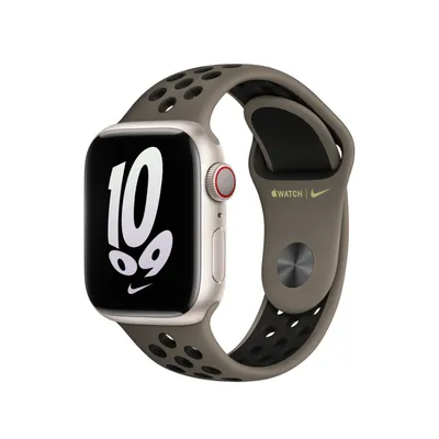 A close-up, studio shot of an Apple Watch Nike Edition with a grey and black band, displayed against a white background.