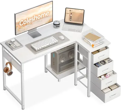 Image de Bureau d'angle en forme de L, avec quatre tiroirs, dimensions 100 x 70 cm, couleur blanche