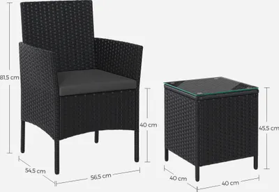 Obrázek produktu pro SONGMICS (3-dílný) balkonový nábytek, zahradní lehátkový set, z PE polyratanu, stůl a 2 židle, černošedý