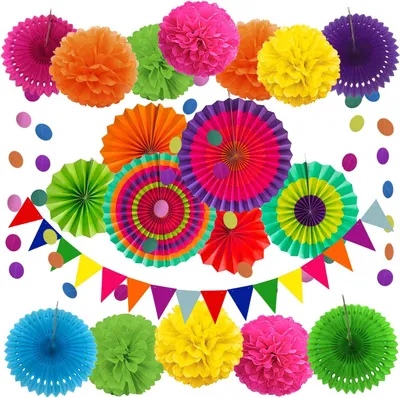 Imagen del producto de Decoración de papel para fiestas, juego de 21 piezas, que incluye pompones, banderines y purpurina