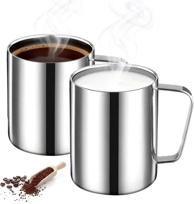 Imagen del producto de Tazas de té, juego de 2, vasos de acero inoxidable de 500 ml, de doble pared, aislados. Vasos de acero inoxidable SUS 304 de doble pared con asa, para té, café, leche