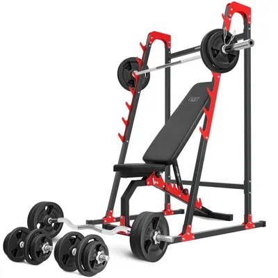 Immagine prodotto di Marbo Sport Set MH8_155KG_KIER | panca pesi regolabile bifacciale + rack per bilancieri + set manubri/piatti pesi da 113 kg