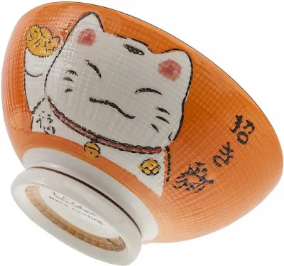 Produktbild von Große japanische Maneki-Neko-Schüssel in Orange, ⌀ 17,5 cm, Fassungsvermögen 1000 ml, Nippon-Stil für Reis, Frühstück und Suppe, japanische Dekoration und japanisches Geschirr
