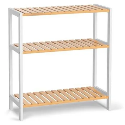 Image de Étagère de salle de bain, étroite, 3 niveaux, en bambou, blanche et naturelle, dimensions : 26 x 60 x 66 cm