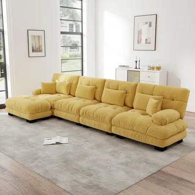 Produktbild von Modulares L-förmiges Ecksofa-Set, 4-Sitzer Cloud-Couch mit beweglichem Ottoman & DIY-Kombination für Wohnzimmer, Gelb