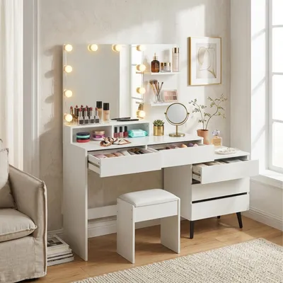 Zdjęcie produktu dla Stolik kosmetyczny Relaxdays, z lustrem LED i taboretem, stolik do makijażu, 5 szuflad, wymiary: 143x150x38 cm, biały