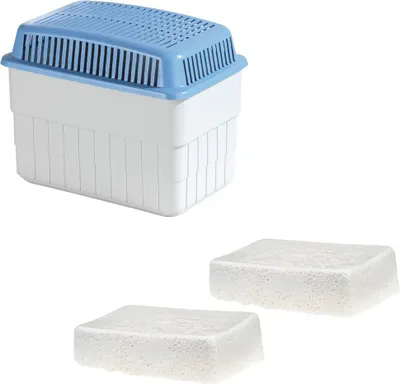 A dehumidifier unit and two refill packs are shown against a white background.
