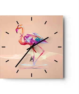 Produktbild von Wanduhr - Quadrat - Glasuhr - Flamingo Vogel Wasser - 30x30cm - Schleichendes Uhrwerk - Lautlos - zum Aufhängen bereit - Dekoration Modern - Wanddekoration aus Glas - C3AC30x30-3839