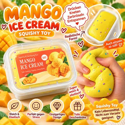 Produktbild von Mango Ice Cream Squishy – Gelbes Knautschspielzeug zum Drücken, Kneten & Quetschen