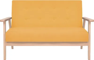 A front view of a yellow two-seater sofa with a wooden frame, set against a white background.