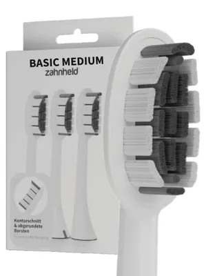 Produktbild von Zahnheld Bürstenkopf Ersatzbürsten Basic Medium - ideal für Gero Schallzahnbürste, 3 Stück, Weiß, mittelharte Wechselköpfe, Schallzahnbürstenkopf
